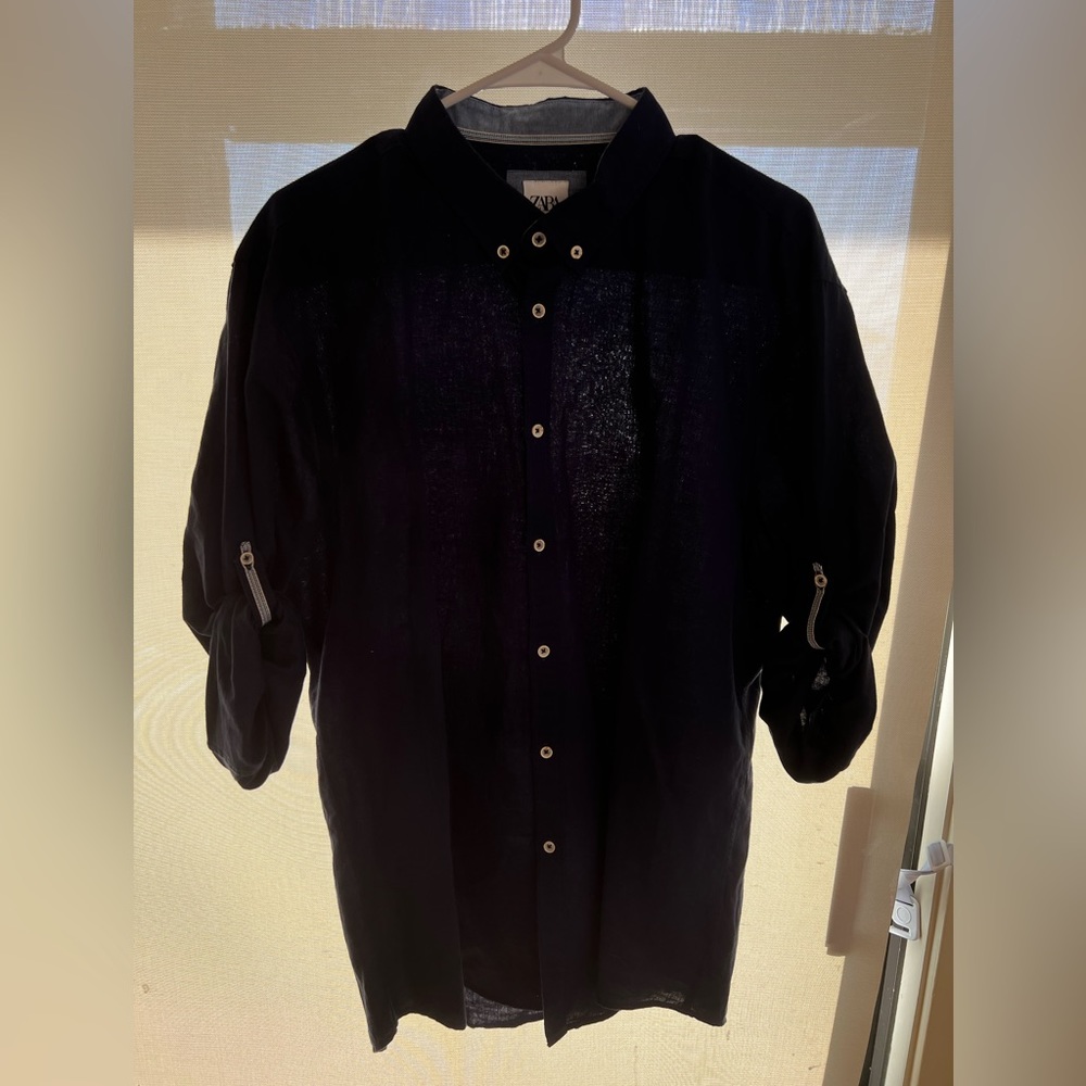 Zara Men's navy linen button down shirt